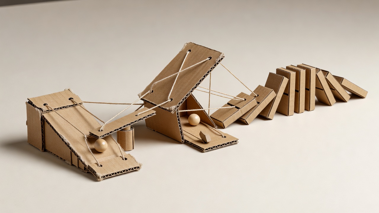 Exploded cardboard chain reaction with an entry ramp, pivot lever and lifting gate connected by thread