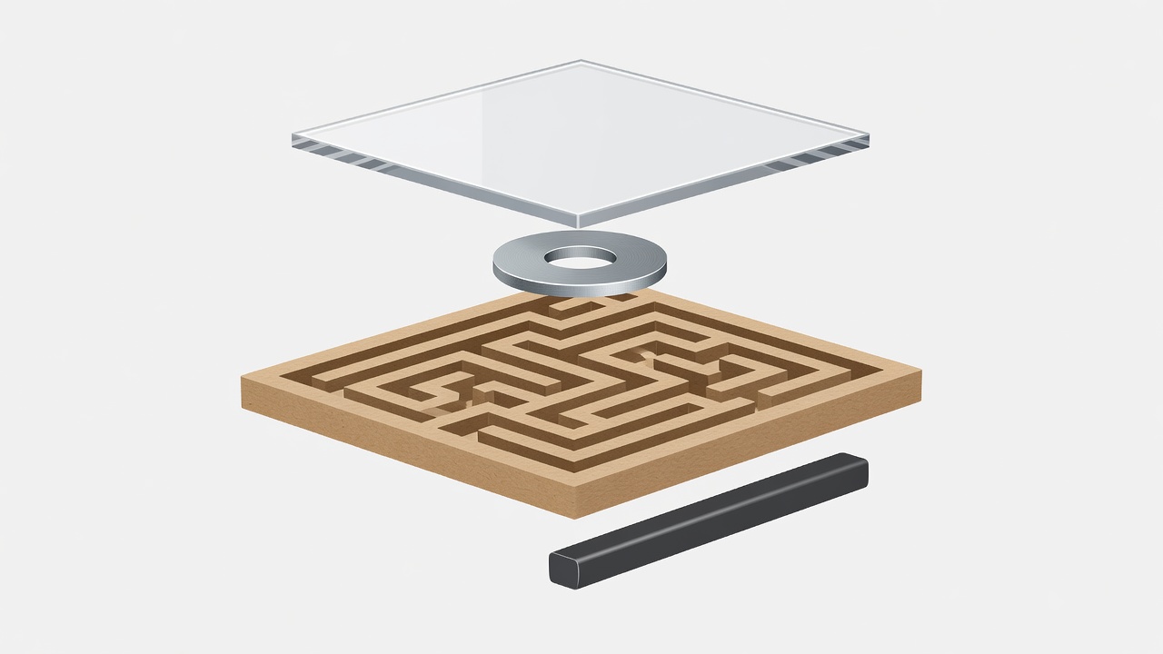 Exploded vector maze showing a clear cover, steel washer, cardboard base and enclosed magnet wand beneath