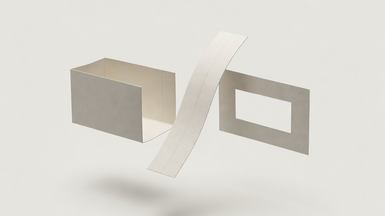 Exploded paper lock showing a folded sleeve, raised flexible tongue and release window