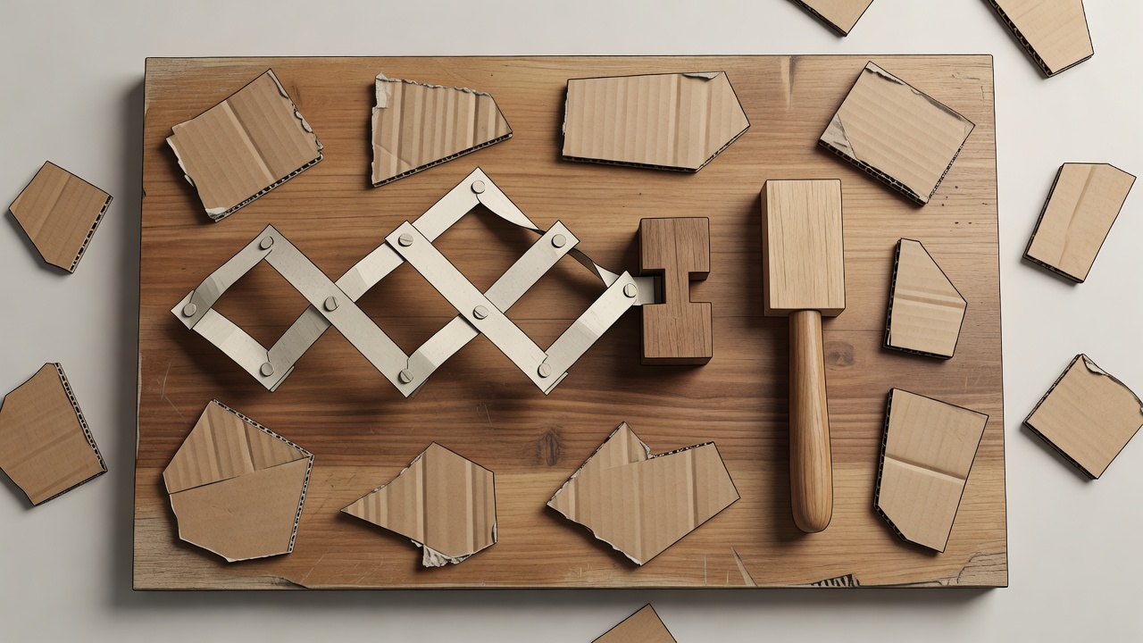 Flat vector workbench with cardboard offcuts, a paper linkage, wooden catch and enclosed magnetic wand