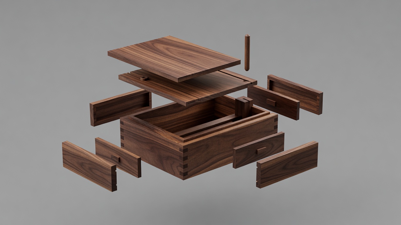 Exploded wooden box showing a pin chamber above a sliding lid and a shallow locking pocket